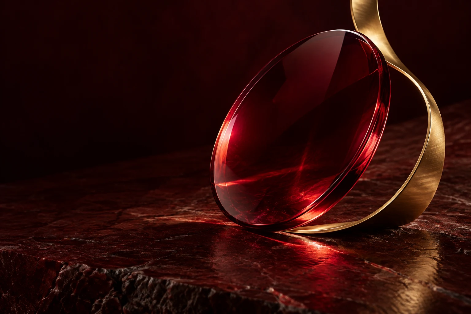 A translucent deep-red form beside a sculptural gold ribbon, shown as a material concept